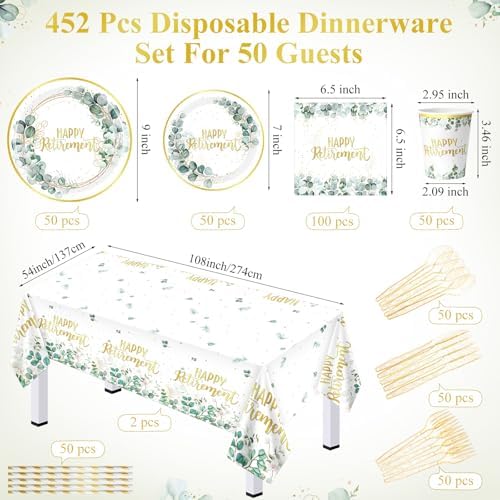 Potchen 452 Pcs Retirement Plates Napkins Party Supply, Green Gold - Image 3
