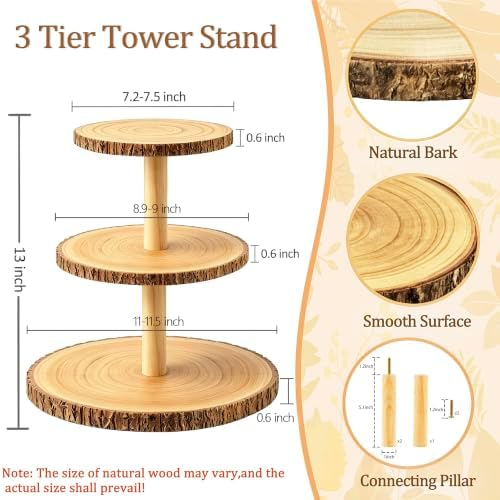 3-Tier Round Wooden Cupcake Stand, Rustic Natural Bark Wood Dessert Display Tower Platter for Wedding, Birthday, Baby Shower, Tea Party & Farmhouse Party Buffet - Image 4