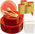 Rubtlamp 350 Pcs Plastic Dinnerware Set (50 Guests), Red And Gold Plastic Plates, Hammered Party Plates Set Include Dinner Plates, Dessert Plates, Cups, Cutlery Set And Napkins for Wedding And Party by Rubtlamp