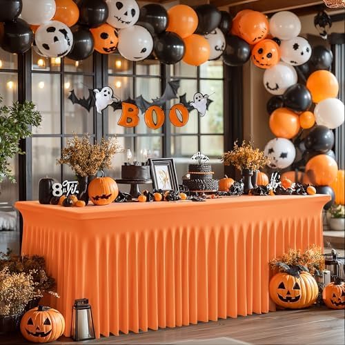Wish Care 2 Pack Orange Spandex Table Clothes for 6 Foot Rectangle Tables, 6FT Wrinkle Free Fitted Tablecloths Ruffles Design Table Cover for Party, Banquet, Wedding and Events - Image 4