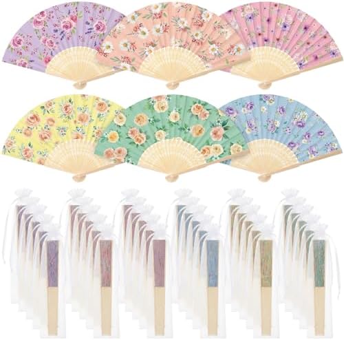 RattanView 30 Pcs Flower Tea Party Folding Hand Fan Bulk with Organza Bag Wedding Party Favor for Guests Floral Foldable Handheld Paper Fan for Bridal Shower Birthday Parties Supplies Decor Gift by RattanView