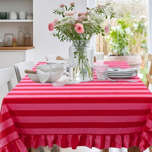 JarThenaAMCS Ruffle Tablecloth Table Cloth Boho Pink Red Striped Rectangle Decorative Table Cover for Home Kitchen Baby Shower Party Wedding Decor, 60 x 120 Inch - Image 4