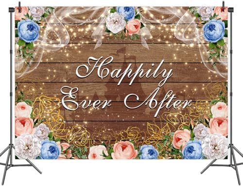 20x10ft Happily Ever After Backdrop Castle Princess Boho Wood Floral Wedding Party Background White Blue Golden Rose Bridal Shower Retirement Party Decorations Banner Photo Props - Image 3