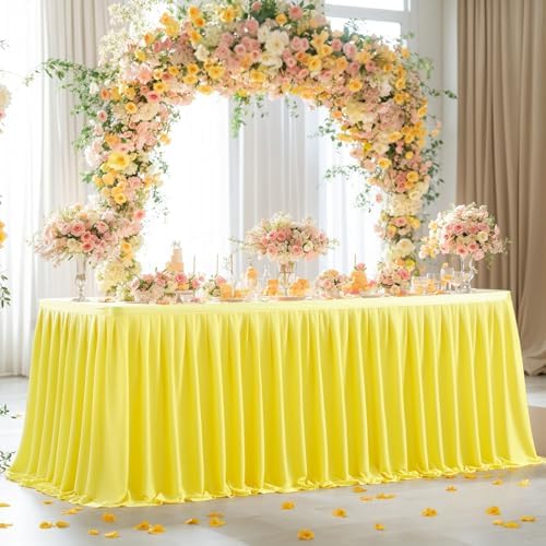 Partisky Yellow Polyester Table Skirt for Rectangle Tables 14ft, Wrinkle Resistant Pleated Ruffle Table Cloth for Banquet Wedding Trade Baby Shower Display Gift Dining Table - Image 2