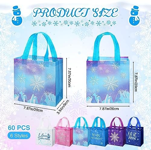 60 Pcs Snowflake Party Favors Bags Winter Non Woven Candy Treat Bag with Handle Double Printed Goodies Gift Bag Tote for Kid Winter Themed Wonderland Birthday Holiday Baby Shower Party Supplies - Image 2