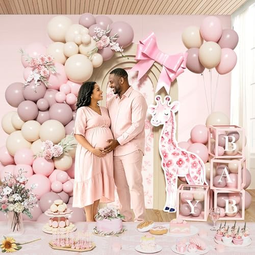 Toile De Jouy Baby Shower Decorations, Girl Pink Floral Safari Bow Baby Shower Decoration Party Supplies with Dusty Pink and White Balloons Boxes, A Sweet Little Baby Is One The Way Backdrop - Image 6