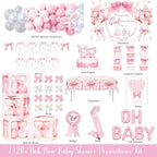 Party Inspo Pink Bow Baby Shower Decorations - 132 PCs Coquette Baby Shower Supplies with Balloon Garland, Backdrop, Cake Topper, Tablecloth, Boxes, Badge, Sash for Girls Pink Themed Party - Image 2