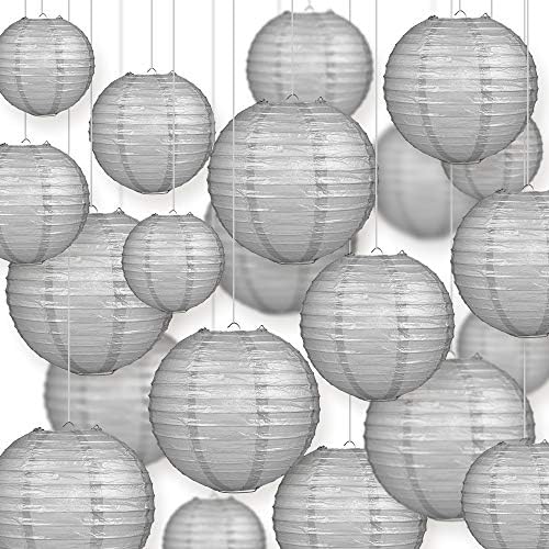 Quasimoon PaperLanternStore.com Ultimate 20-Piece Silver Paper Lantern Party Pack - Assorted Sizes of 6, 8, 10, 12 Inch (5 Round Lanterns Each) for Weddings, Birthday, Events and Decor by Quasimoon