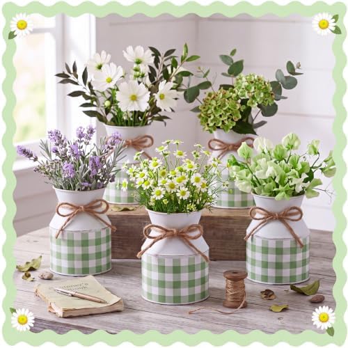 Domensi 6 Pcs Farmhouse Metal Flower Vase, Green Gingham Table Centerpiece - Image 5
