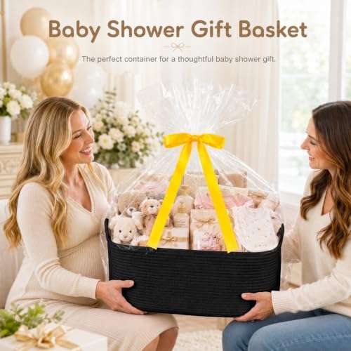 OIASKET Large Empty Cotton Rope Gift Basket with Handles, 16.5"x12.6"x7" Decorative Woven Storage Basket with Gift Bag and Ribbon Set for Baby Shower, Toy Organizer for Kids, Dogs & Cats - Black - Image 3