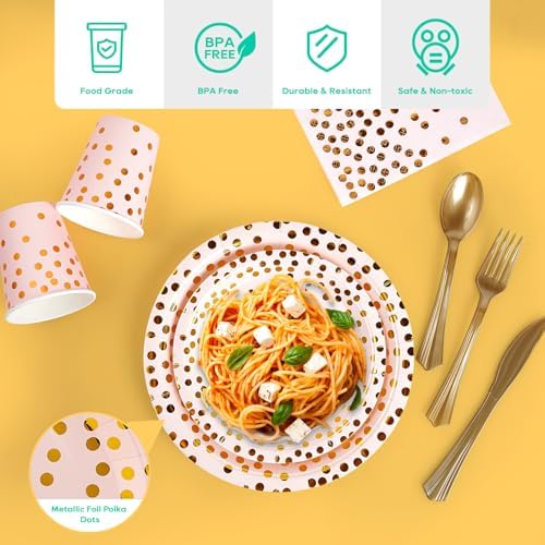 JOLLY PARTY Pink and Gold Paper Plates 350 PCS Disposable Dinnerware Set - Image 3