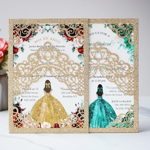 Hosmsua 50PCS Blank Gold Glitter Quinceanera Invitations with Envelopes, 5.1x7.3 Inch Laser Cut Floral Crown Pocket Invitation Cards for Quinceanera Birthday Quince Anos Invite - Image 5