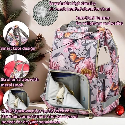 Diaper Bag Backpack for Dad and Mom with USB Charging Port Stroller Straps and Insulated Pocket,army military Travel Nappy Backpack for Daddy/Mommy (Grey Pink Flower Pattern) - Image 4