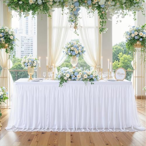 White Tulle Tablecloth for 8 Foot Rectangular Tables 8ft White Table Cloth Rectangle Wrinkle Free Stretch Table Cover with Tutu Skirt for Wedding Birthday Party Banquet Buffet Cake Event Desk Skirt by Suppromo