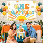 Cheereveal Boho Sun 1st Birthday Decorations Blue and Orange, One Happy Boy Backdrop Banner, Sunshine Photo Banner Cake Topper, Sun Rainbow Themed First Birthday Baby Shower Party Supplies for Boy - Image 4