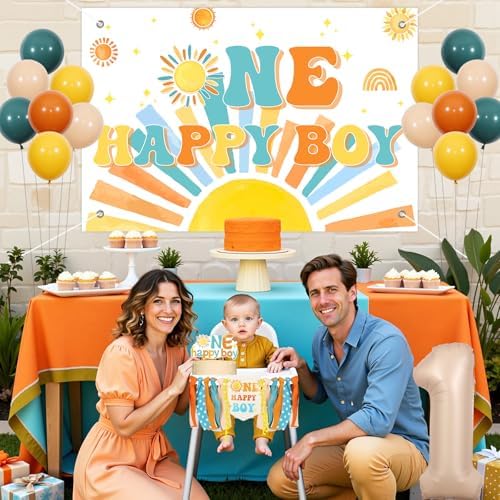 Cheereveal Boho Sun 1st Birthday Decorations Blue and Orange, One Happy Boy Backdrop Banner, Sunshine Photo Banner Cake Topper, Sun Rainbow Themed First Birthday Baby Shower Party Supplies for Boy - Image 4
