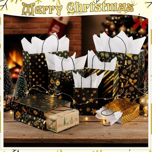 Humyoun 24 Pack Christmas Paper Gift Bags Bulk Assorted Sizes, Black,Gold - Image 4