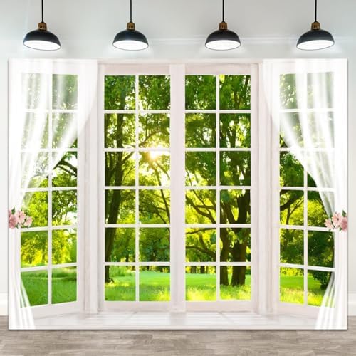 10x5ft Spring Backdrop Window Scenery Green Forest Photography Background Jungle Trees Sunshine Nature Landscape Wedding Banner Decorations Girl Woman Birthday Portrait Photo Booth Prop by ASDCXZ