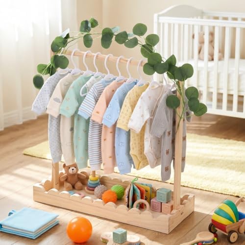 Rainmae Wooden Baby Clothing Rack for Toddler, Baby Shower Crate Closet, Baby Shower Basket with Hanger Rack, Hangers, Ivy Garland Decor, Newborn Gifts Basket for Pets Boys Girls Welcome Present - Image 7