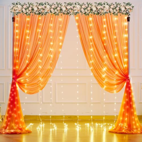 Orange Tulle Backdrop Curtain with Lights String for Parites 10x10ft Sheer Backdrop Curtains Drapes for Birthday Party Baby Shower Wedding Ceremony Prom Halloween Photo Booth Background Decorations - Image 2