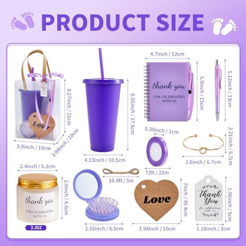 56Pcs Baby Shower Prizes for Game Winners Baby Shower Favors Gifts including Plastic Tumbler Notebook Scented Candles Ballpoint Pen Mirrors with Hair Brushes Bracelet Gift Bag (Purple) - Image 4
