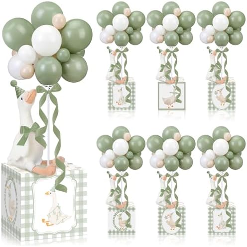 6 Sets Sage Green Silly Goose Birthday Decoration 15.7 Inch Soft Silly Goose Table Centerpiece Stuffed Animals with Balloon Boxes Hat Geese Plushies Table Decor for Birthday Party Favors by Unknown
