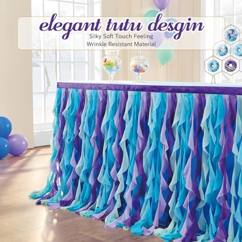 leegleri 9FT/108inch Mermaid Curly Willow Tulle Ruffle Table Skirt Rectangle Tables or Round Tables, Blue Tutu Table Skirt for Baby Shower Baby Shark Birthday Party - Image 2