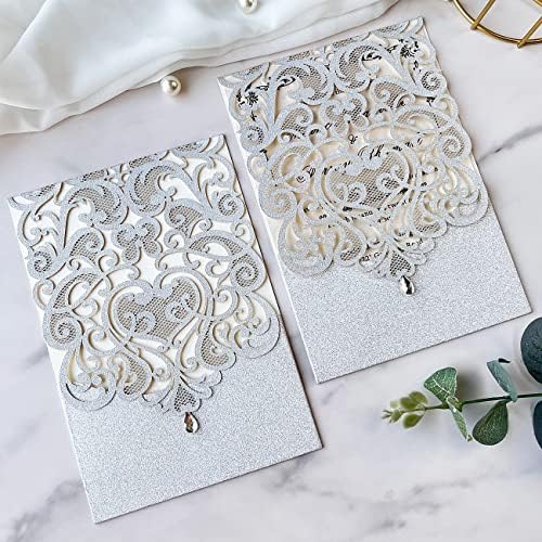 Hosmsua 5.12 x 7.3 Inch 50pcs Silver Laser Cut Lace Flora Wedding Invitation Cards with Rhinestone and Envelopes Customized Printed Invitations for Bridal Shower Quinceañera Wedding Invite - Image 6