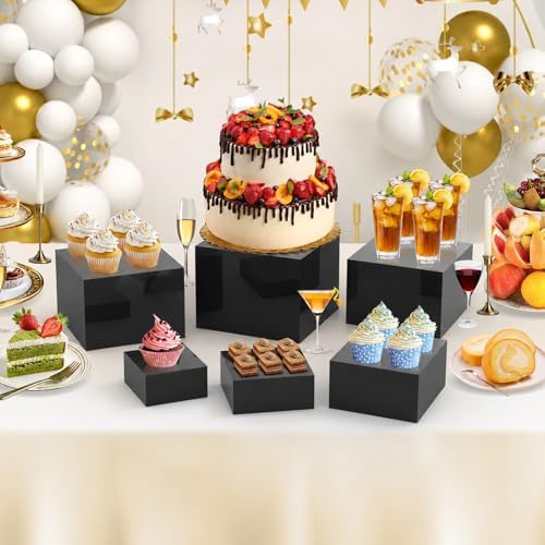 6Pcs Black Buffet Risers Set (Size 5",6",7",8",9",10"),Food Risers for Buffet Table Display Stand Shelf for Party Catering Dessert Collectibles Acrylic Cube Boxes Display with Hollow Bottoms - Image 5