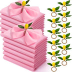 Preboun 24 Pcs Pink Cloth Napkins with Lemon Yellow Rings by Preboun