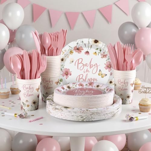 Funnymoom 400 Pcs Baby in Bloom Party Supplies for 50 Guests Pink Floral Baby Shower Paper Plates and Napkins Knives Spoon Fork Cup Disposable Wildflower Dinner Party for Spring Greenery Favor - Image 6