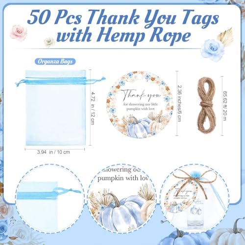 Funnymoom 50 Sets Blue Pumpkin Baby Shower Favors for Guests Souvenir a Little Pumpkin Is on the Way Acrylic Clear Shot Glasses Thank You Tags with Organza Bags for Party Decorations - Image 3