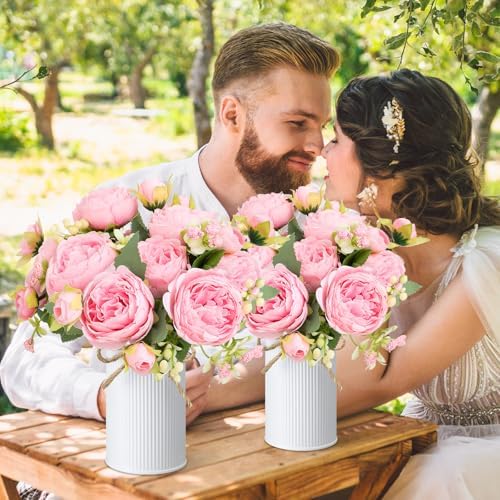 6 Sets Artificial Peonies Flower Peony Bouquet with Galvanized Metal Pot Silk Fake Peonies Faux Flower Arrangements for Wedding Table Centerpiece Party Home Room (Pink) - Image 6