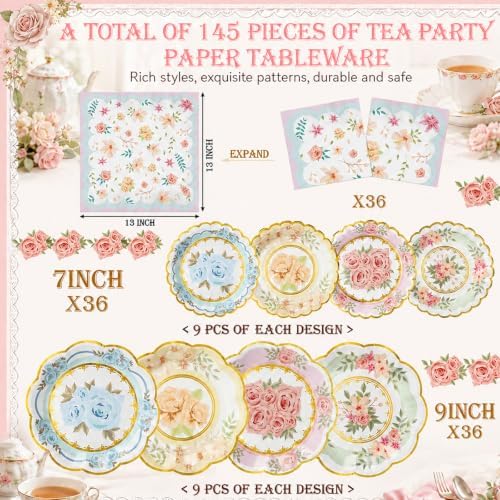Yungyan 145 Pcs 36 Set Floral Tea Party Supplies, Tea Party Plates and Napkins Set with Tablecloth, Disposable Handle Teacups and Saucers for Birthday Wedding Bridal Shower Decorations(Sweet Style) - Image 2