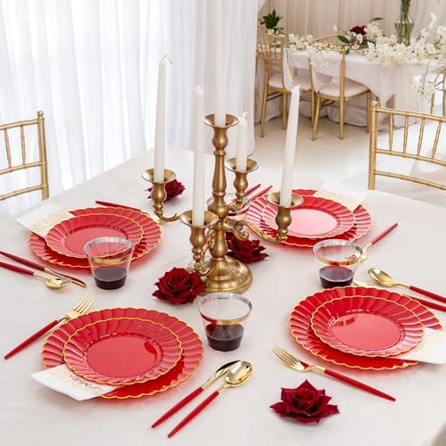 Ciaell 175 Piece Red and Gold Plastic Plates for Weddings Parties - Image 3