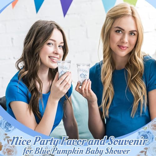 Funnymoom 50 Sets Blue Pumpkin Baby Shower Favors for Guests Souvenir a Little Pumpkin Is on the Way Acrylic Clear Shot Glasses Thank You Tags with Organza Bags for Party Decorations - Image 4