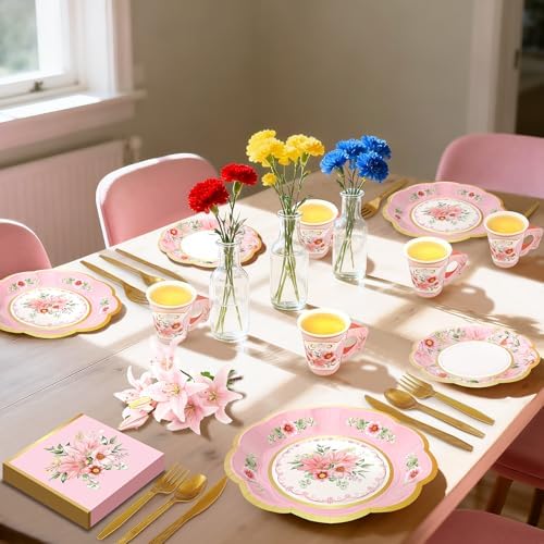 168PCS Flower Tea Party Supplies, Pink Vintage Floral Party Plates Set - Image 6