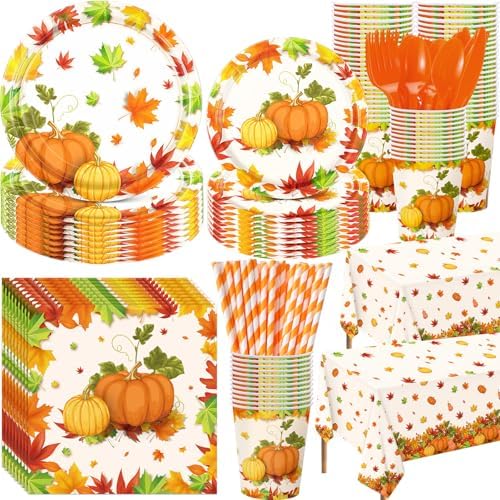 Funnymoom 452 Pcs Thanksgiving Fall Party Decorations for 50, Pumpkin Maple Leaf Thanksgiving Paper Plates Napkins Cups Tablecloth Cutlery Straws for Harvest Autumn Birthday Holiday Party Supplies by Funnymoom