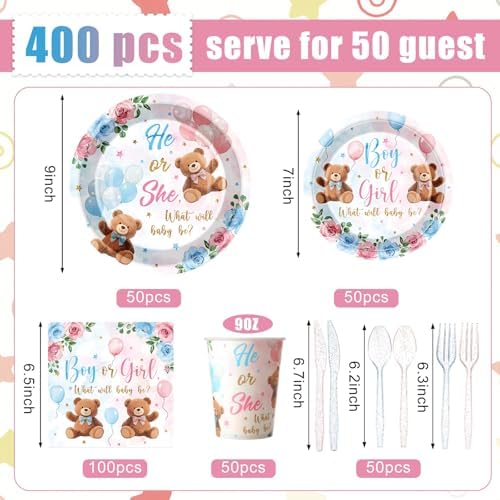Pickmesh 400 Pcs Bear Gender Reveal Party Supplies Plates Napkins Serve 50 - Image 2