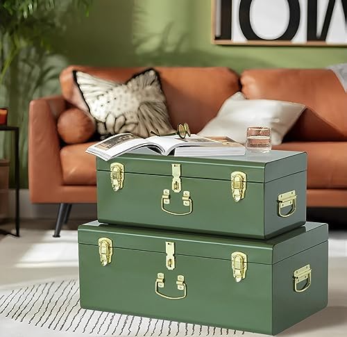 Vixdonos Metal Trunk Decorative Storage Box Set of 2 College Dorm Chest with Handle (Green) - Image 5