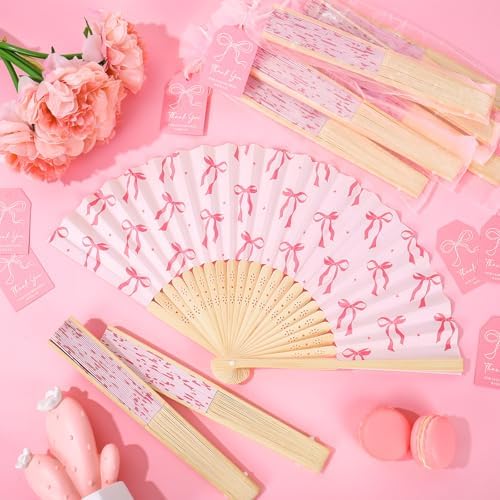 JarThenaAMCS 24 Set Pink Bow Folding Hand Fan with Thank You Tags Organza Bags Coquette Bow Paper Fans Decorative Handheld Fans for Birthday Bachelorette Bride Shower Party Favors - Image 4