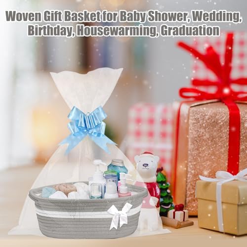 Gift Basket, Hamper Kit, Empty Hamper Basket with Cellophane Bags and Pull Bows, Rope Gift Baskets with Handles, Woven Gift Baskets for Baby Shower, Wedding, Birthday, Housewarming (Grey) - Image 3