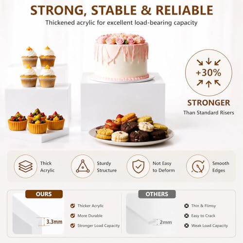 Buffet Risers and Stands Set of 6, White Acrylic Dessert Table Display Risers Set for Cakes, Cupcakes, desserts and Party Food, Stackable food display risers for party Weddings and Retail Displays - Image 4