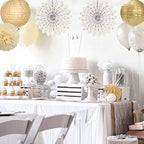 52Ft White-Gold Champagne Party-Decorations Heart Streamers Garland with 14pcs Christmas Wedding Engagement Paper Lanterns Fan,Tissue Pom Poms,Honeycomb Balls - Image 4