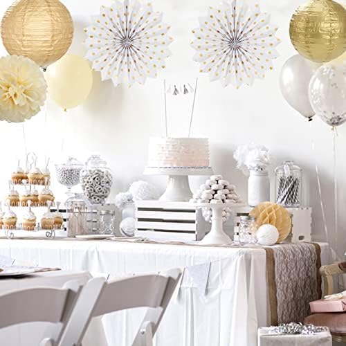 52Ft White-Gold Champagne Party-Decorations Heart Streamers Garland with 14pcs Christmas Wedding Engagement Paper Lanterns Fan,Tissue Pom Poms,Honeycomb Balls - Image 4