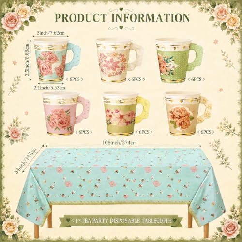 Yungyan 145 Pcs 36 Set Floral Tea Party Supplies, Tea Party Plates and Napkins Set with Tablecloth, Disposable Handle Teacups and Saucers for Birthday Wedding Bridal Shower Decorations(Classic Style) - Image 3