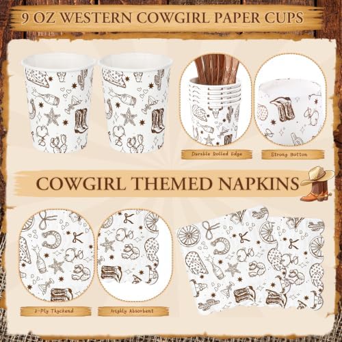 Honeydak 210 Pcs Western Cowboy Party Supplies for 30 Guests Single Western Cowgirl Birthday Plates Napkins Cup and Forks Tableware for First Rodeo Birthday Decorations - Image 5