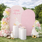 Set of 2 Arch Backdrop Covers One Silly Goose Baby Shower 2PCS Spandex Arch Stand Cover Plaids Girl Birthday Easter Party Banquets Decorations (7.2FT & 6.6FT,Pink) - Image 3