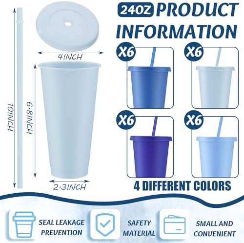 Skylety 24 Pcs Gray Blue Plastic Cups with Lids and Straws 24 oz - Image 2