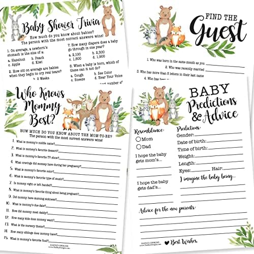 25 Woodland Who Knows Mommy Best, Baby Prediction And Advice Cards, 25 Trivia Baby Shower Game, Find The Guest - 4 Double Sided Cards Baby Shower Ideas, Baby Shower Party Supplies Baby Sprinkle Games by HadleyDesigns
